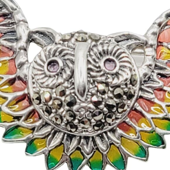 Handmade 925 Sterling Silver Plique Enamel Ruby Marcasite Brooch Owl in Flight - Picture 4 of 9